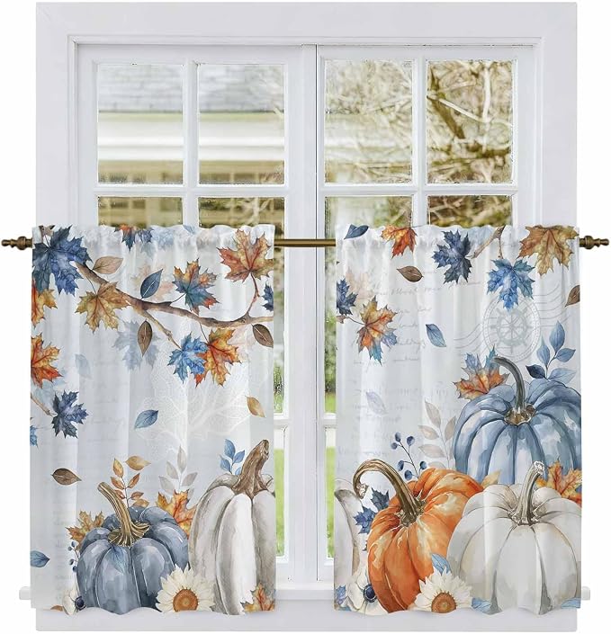 Fall Blue Maple Kitchen Tier Curtains 45 Inch Long 2 Panel Set, Rod Pocket