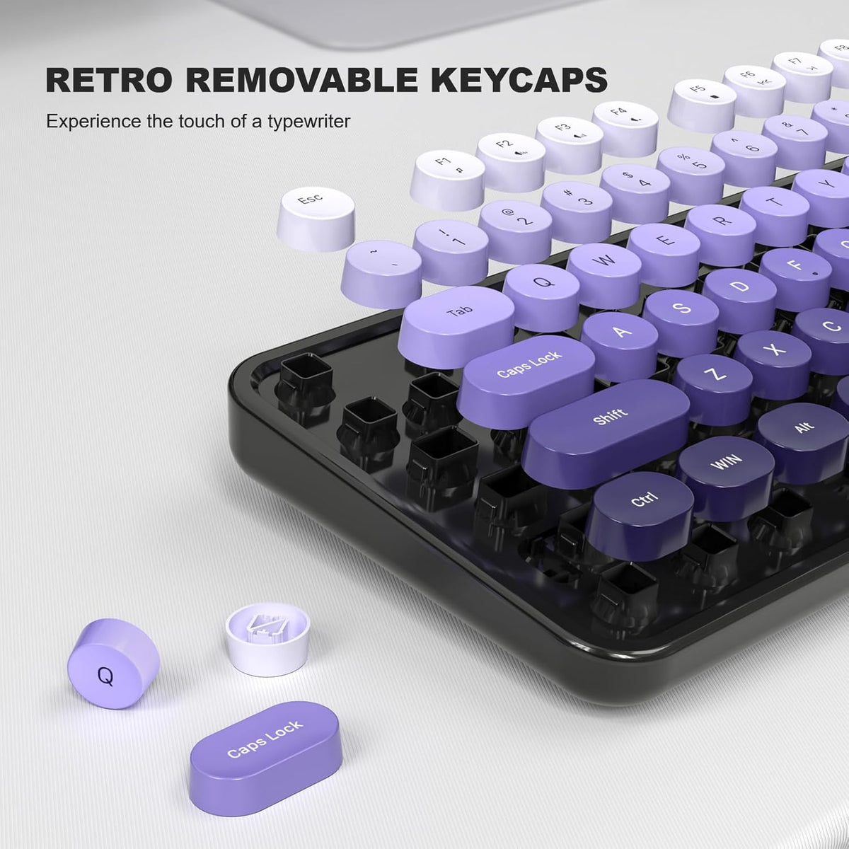 MOWUX Computer Keyboard Wired, Plug and Play USB Retro Round Typewriter Keyboard, Full Size Wired Keyboard with Foldable Stands for Laptop and Office PC- Black Purple Gradient