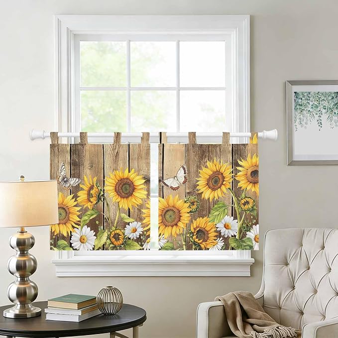 Farmhouse Sunflowers Kitchen Curtains 36 Inch Length, Small Window Curtains Tab