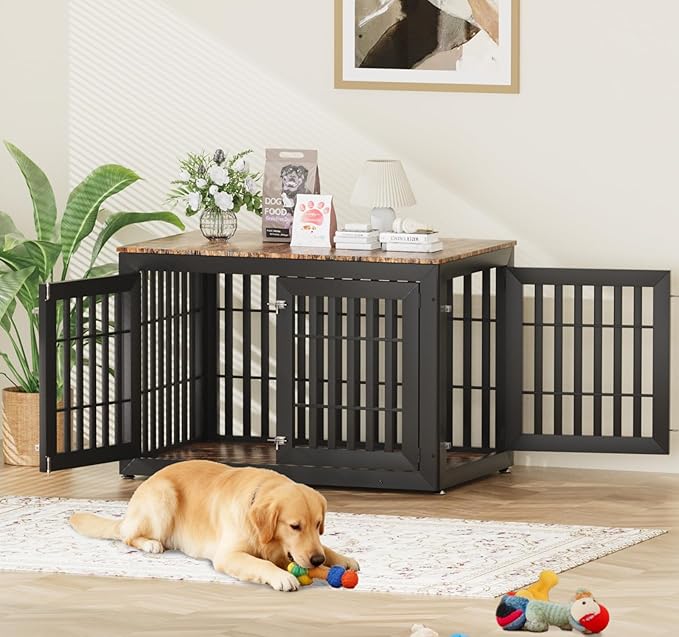42" Heavy Duty Dog Crate Furniture for Small,Medium and Large Dogs,Rustic Wooden Dog Cage Kennel Indoor Furniture with Waterproof Top,Decorative Pet House Side End Table (Black & Wood)