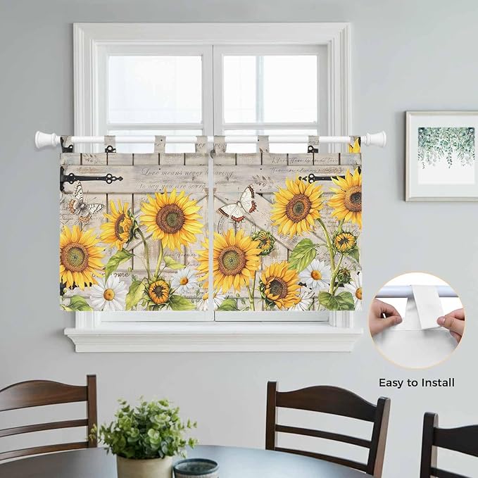 Farm Flowers Kitchen Curtains 24 Inch Length, Small Window Curtains Tab Top