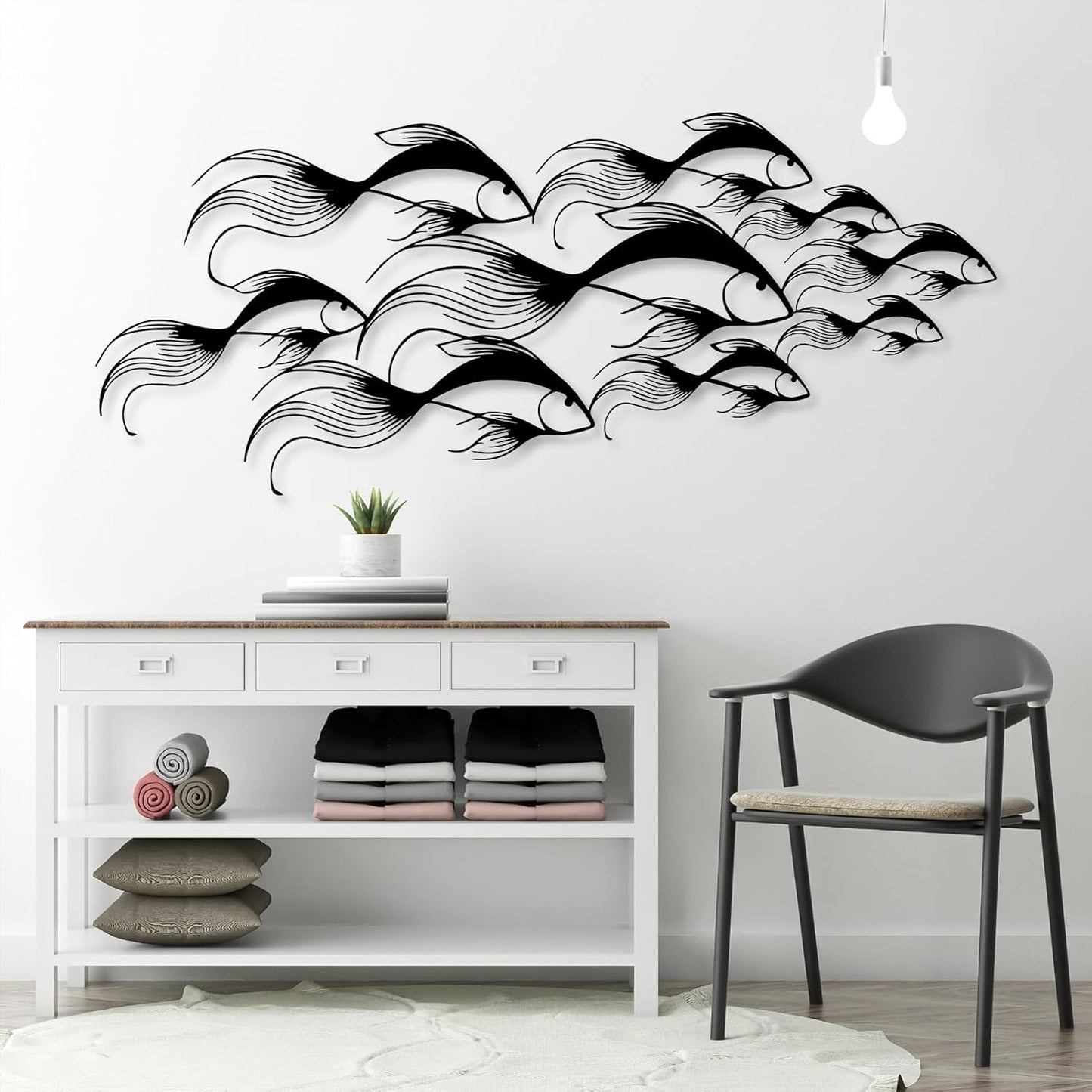 School of Fish Metal Wall Art, Metal Fish Wall Decor, Sea Life Wall Art, Large Nautical Wall Hanging, Modern Beach House Wall Decor, Ocean Themed Artwork for Bathroom (White, 35"x15" | 90x38cm)