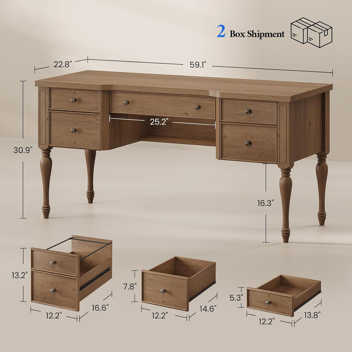 59in Wood Executive Desk with Solid Wood Legs & Keyboard Tray, Brown