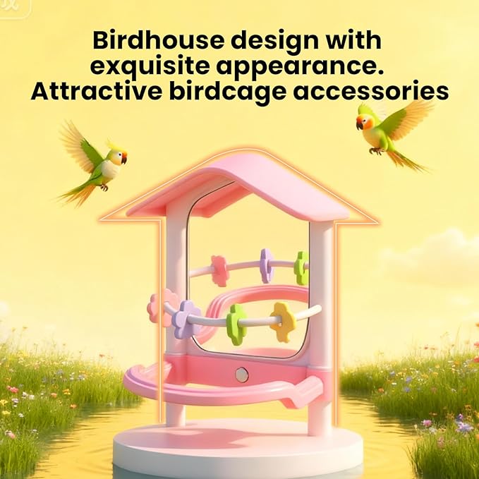 8.1 Inch Pet Bird Mirror with Perch Stand and Parakeet Chew Toys,Parrot Toys Bird Cage Decorative Accessory, Helps Birds Release Stress for Canaries Budgies Lovebirds Conures Cockatiels (Pink)
