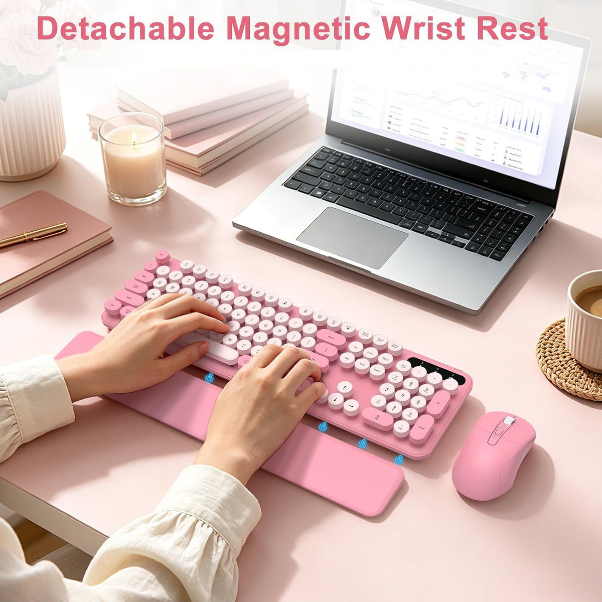 Pink Wireless Keyboard and Mouse Combo, Magnetic Wrist Rest, Round Keycap