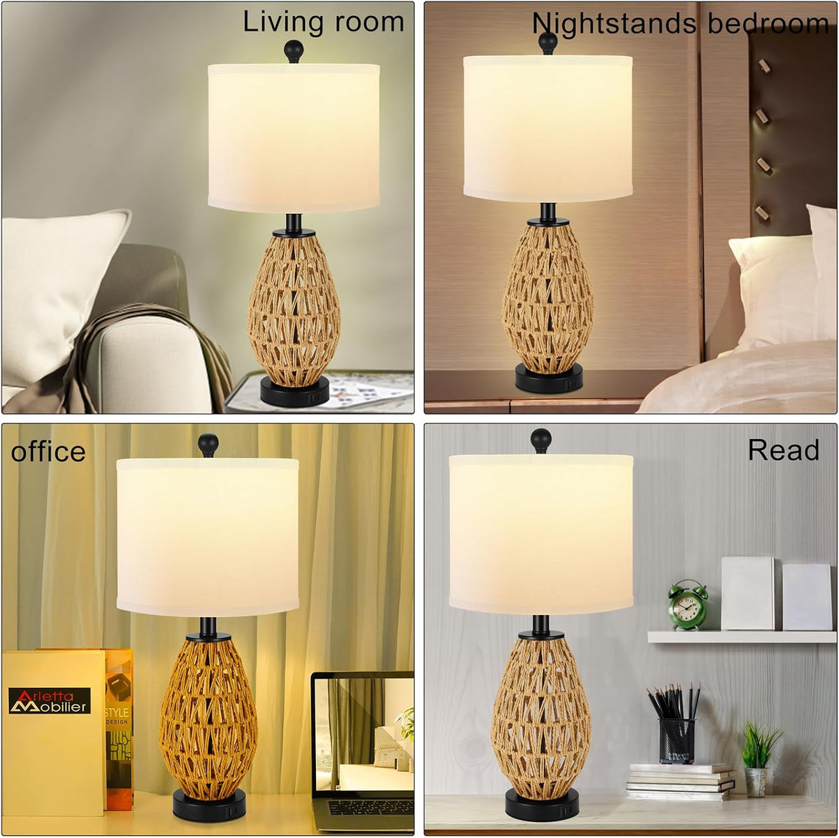 Coastal Table Lamps Set of 2, Retro Rattan Woven 24" Bedside Lamp, for Bedroom Living Room Home Nightstand Table Lamp(with USB C+A 5V 2.1A Charging Ports)