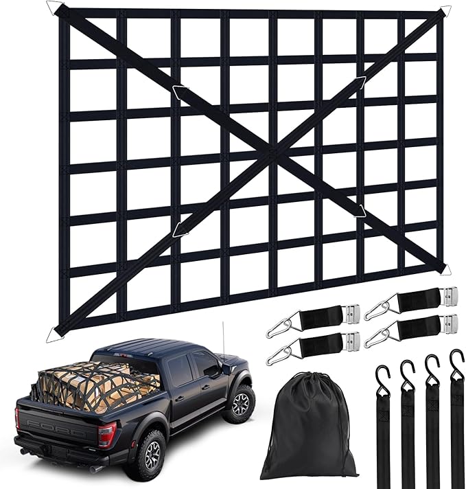 Cargo Net for Pickup Truck Bed, Heavy Duty 1100 lbs Capacity, Adjustable Cam Buckles & S-Hooks, Thick Herringbone Nylon, with Drawstring Storage Bag for Trailers and Trucks (66" x 50")