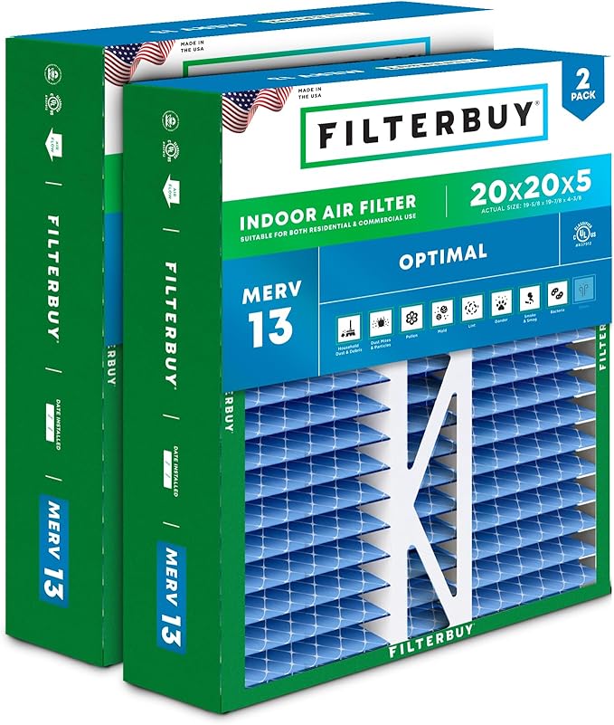 Filterbuy 20x20x5 Air Filter MERV 13 Optimal Smoke & Allergy Defense, Pleated