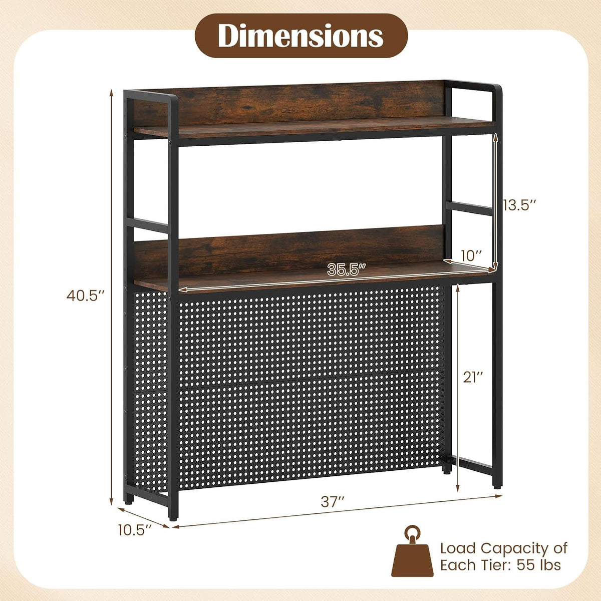 GIANTEX Desktop Bookshelf, 2-Tier Desk Hutch Dorm with Pegboard for up to 32" Computer Monitor, Industrial Countertop Storage Organizer Rack, Desk Shelf for Home Office, Rustic Brown