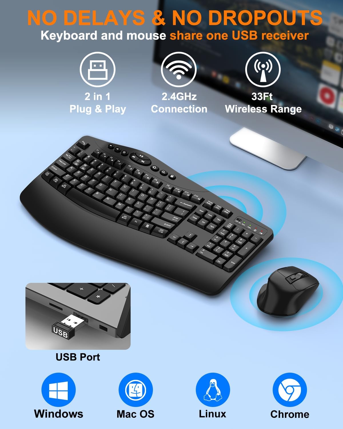 Ergonomic Wireless Keyboard and Mouse Combo, 2.4GHz Full Size Wave Keys Computer Keyboard with Wrist Rest for Natural Typing, Silent 6 Button USB Mouse for Laptop PC Windows Mac (Black)