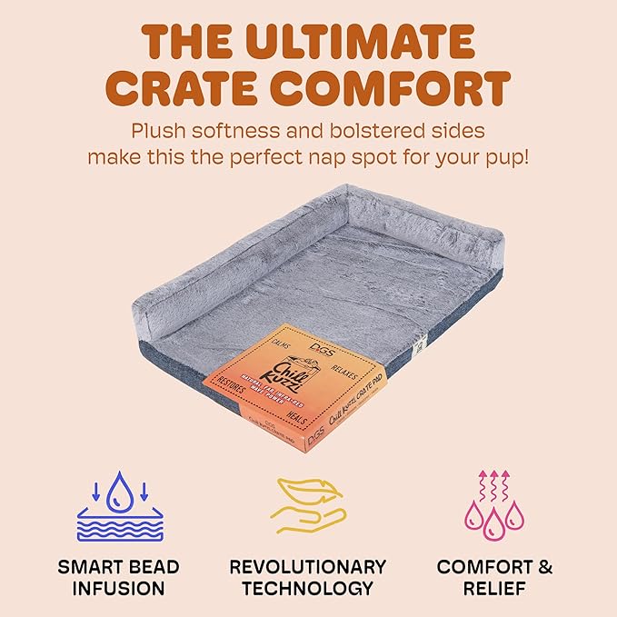 Dog Gone Smart Chill Kuzzi Dual Bolster Crate Pad - Washable Dog Bed Infused with Far Infrared Rays (FIR) - Supportive Plush Cushion for Crates, Travel, and Recovery - Slate Blue, Small 17 x 23 Inches
