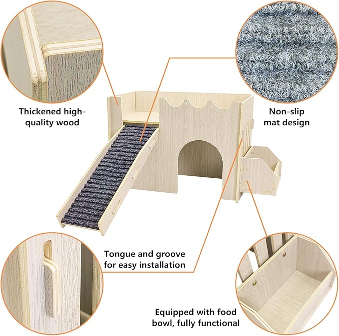 kathson Wooden Guinea Pig Hideout Sturdy Two-Layer Guinea Pig House Easy to Assemble Small Animal Hideout with Mat Ramp and Food Bowl for Hamsters Bunnies Hedgehogs Mice Playing Hiding