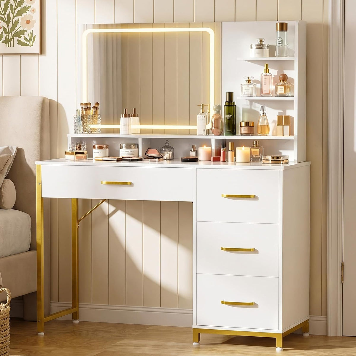 COMHOMA Vanity Desk with Mirror and Lights, Makeup Vanity Table with 4 Drawers & Storage Shelves, Large HD Mirror, 3 Color Modes & Adjustable Brightness, Modern Dressing Table for Bedroom, Pearl White