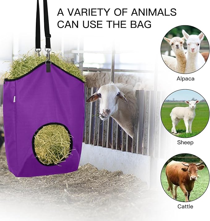 Goat Hay Feeder,Hay Bags for Goats,Horses,Sheep,Premium 600D Oxford Cloth,with Metal Fastener and Adjustable Open Feed Hole for Slow Feeding,Easy to Fill and Hang with Large Opening (Purple)