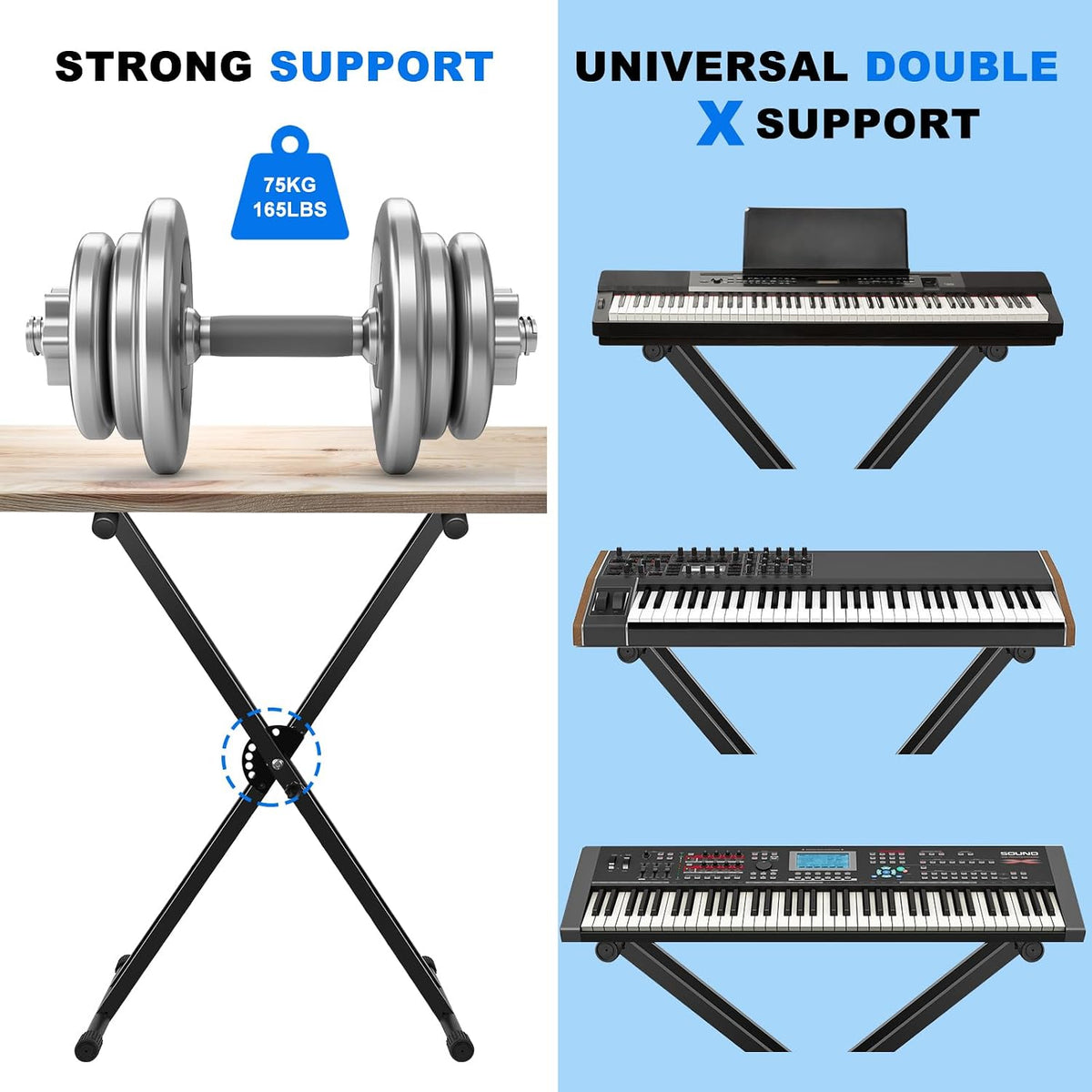 Height Adjustable Keyboard Stand With Quick Release Mechanism - Double X Foldable Heavy Duty Instrument Stand With Locking Straps for 54-61-88 Key Electronic Pianos