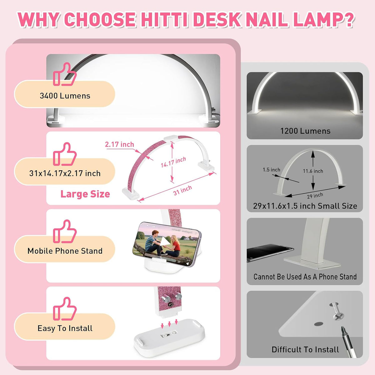 HITTI Super Large 31in Half Moon Light for Nail Desk, Crystal Diamond Pink