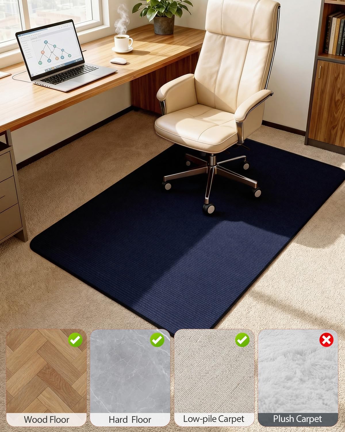 Blvornl Corduroy Office Chair Mat for Hardwood Floor and Low Pile Carpet, 35.4" x 47.3" Non-Slip Desk Rolling Chair Mat for Hard Floors, Heavy Duty Carpeted Floor Protector Rug for Home, Dark Blue