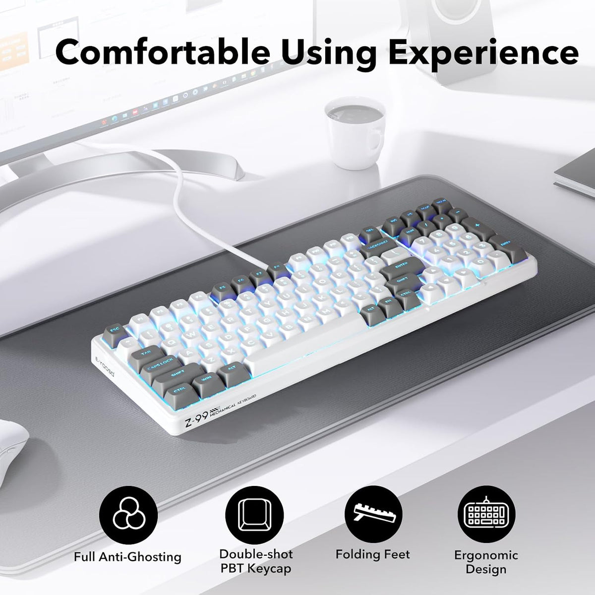 HUO JI Z-99 Wired Mechanical Keyboard, Creamy Sound, RGB Backlit,White Gray
