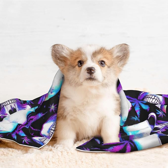 Double Sided Pet Bed Blanket for Added Cushion Warmth, Blue Weedleaf Trippy Skull Crossbones Black, Reversible Cover with Textured Dot Surface for Existing Beds Standalone Mat