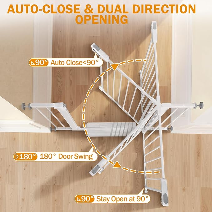 Baby Gate for Stairs, 29.7-43" Auto Close Dog Gate for Doorways & Hallways, Pressure Mounted Pet Gate with Walk Thru Door, Easy Install Safety Gate for Children & Pets, No Drilling, Dual-Lock Design