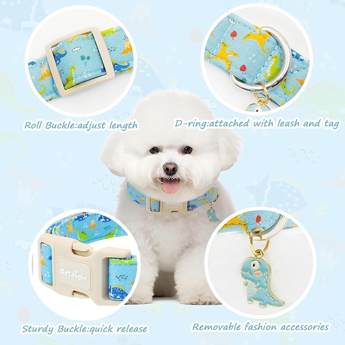 Dinosaur Dog Collar for Large Dogs, Cute Puppy Collars with Quick Release Buckle, Cotton Dog Collars for Small Medium Large Dogs, Fashion Pet Collar for Girl Boy Dog-L