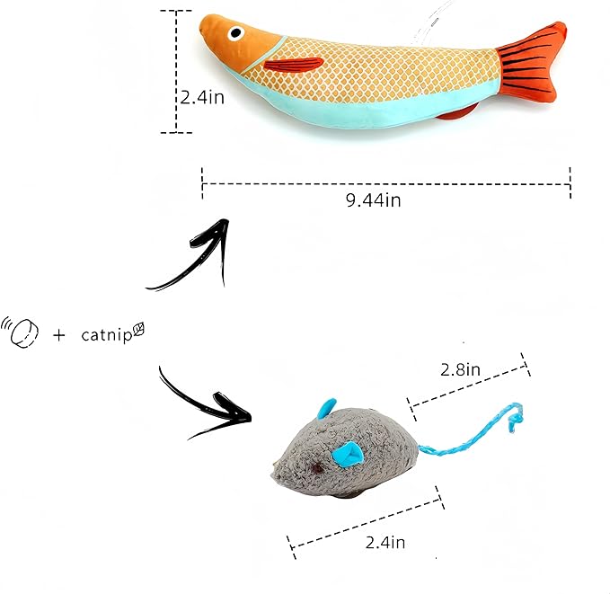 6 Pack Cat Toys, Catnip Toys with Plush Saury Fish & Mouse, Interactive Kicker Toy with Bell & Catnip for Indoor Cats, Kitten Toys for All Breeds