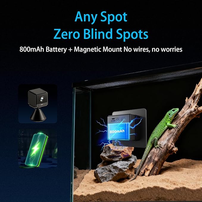 2K HD Reptile Tank WiFi Camera, 140° Wide-Angle Night Vision for Bearded Dragon, Gecko, Chameleon & Exotic Lizards, Anti-Glare Glass Mount, Two-Way Audio, AI Motion Alerts, 24/7 Recording