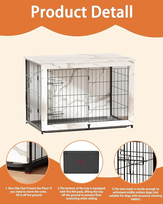 Megidok Wooden Dog Crate Furniture with Cushion,Medium Dog Crate End Table with Tray, Double Doors Kennels Indoor (32" L*22" W*26" H, Marble White)