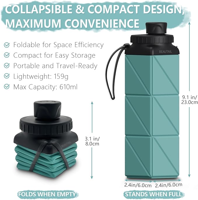 BEAUTAIL Collapsible Water Bottles 21 oz, Silicone Portable Water Bottle | BPA
