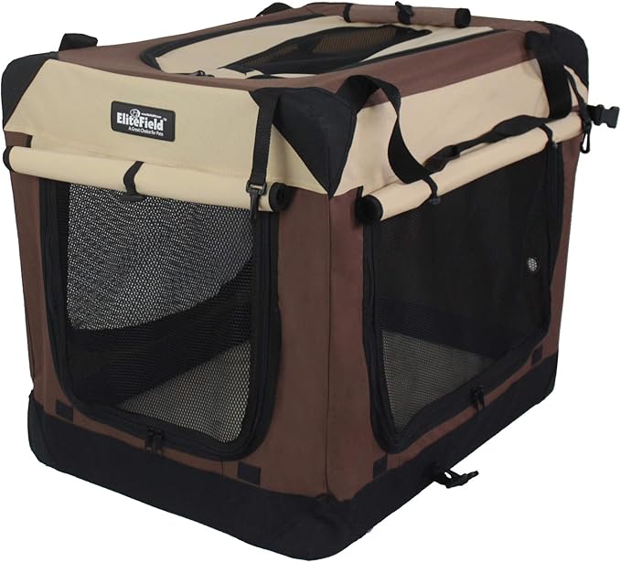 EliteField 4-Door Folding Soft Dog Crate with Curtains, Carrying Bag and Fleece Bed (2 Year Warranty), Indoor & Outdoor Pet Home (20" L x 14" W x 14" H, Brown+Beige)