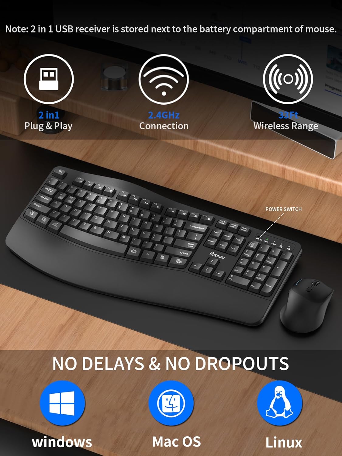 Wireless Keyboard and Mouse Combo,2.4G Full Size Wave Keys Ergonomic Keyboard with Wrist Rest for Natural Typing, 3 DPI Adjustable Ergonomic Silent Mouse for Computer/Laptop/Windows/Mac (Black)