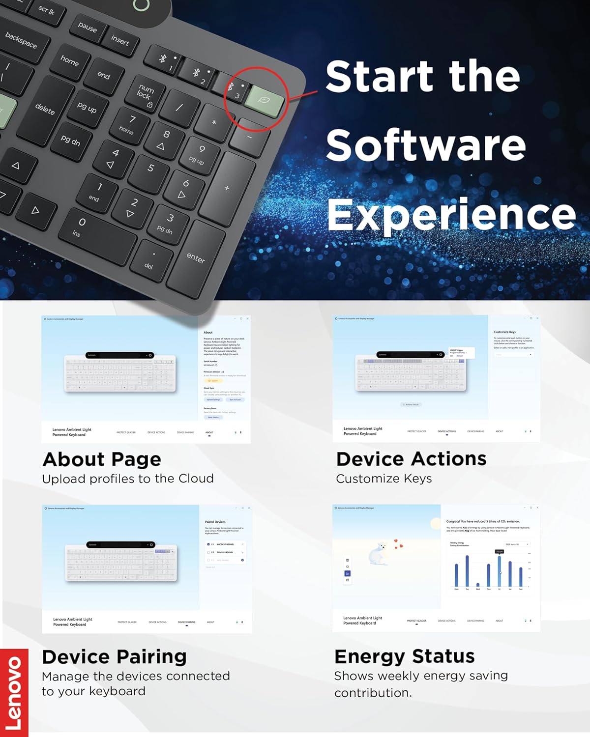 Lenovo 800 Self-Charging Bluetooth Keyboard, Uses Ambient Light, Bluetooth 5.1, Supports 3 Devices, Battery Free, Wireless, Grey