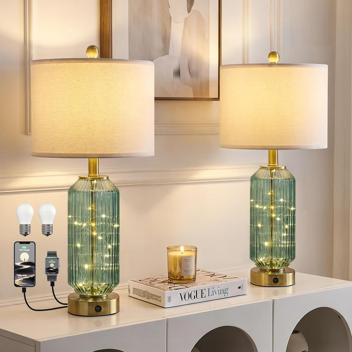 Oneach 24.5" Bedside Table Lamps Set of 2, Green Glass Nightstand Lamps with USB A+C Charging Ports and Night Light, Gold Modern Lamps for Bedroom, Living Room, End Table (2 Bulbs Included)