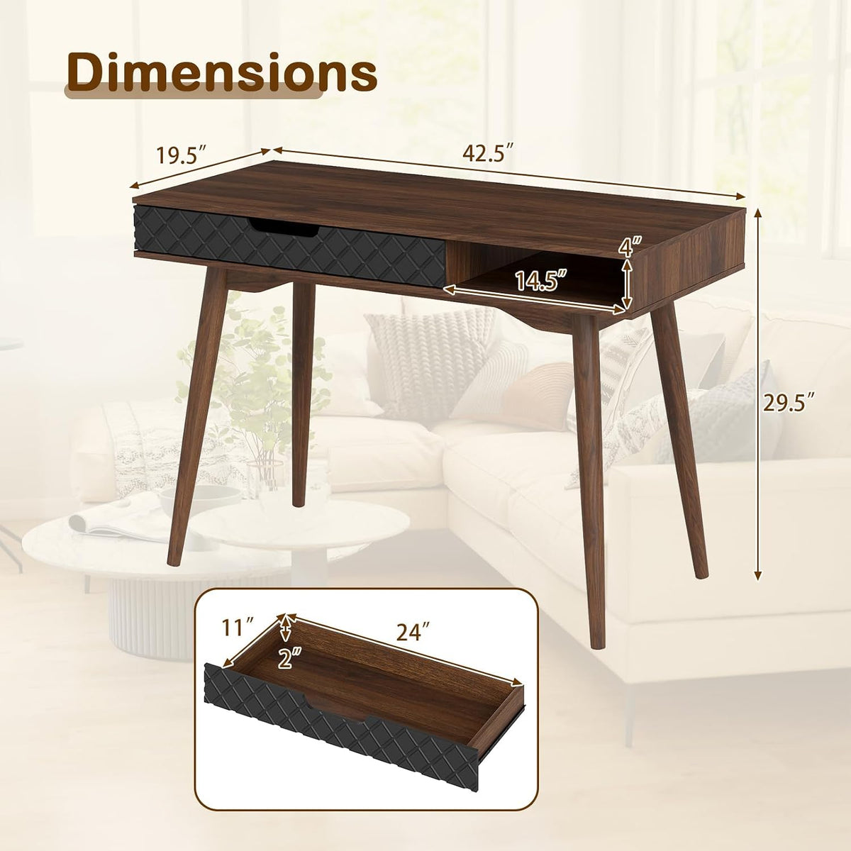 Giantex Mid Century Modern Desk, 42.5" Vintage Computer Desk with Storage Drawer & Rubber Wood Legs, Makeup Vanity Table, Wood Computer Workstation, Small Writing Desk for Bedroom, Small Space, Walnut