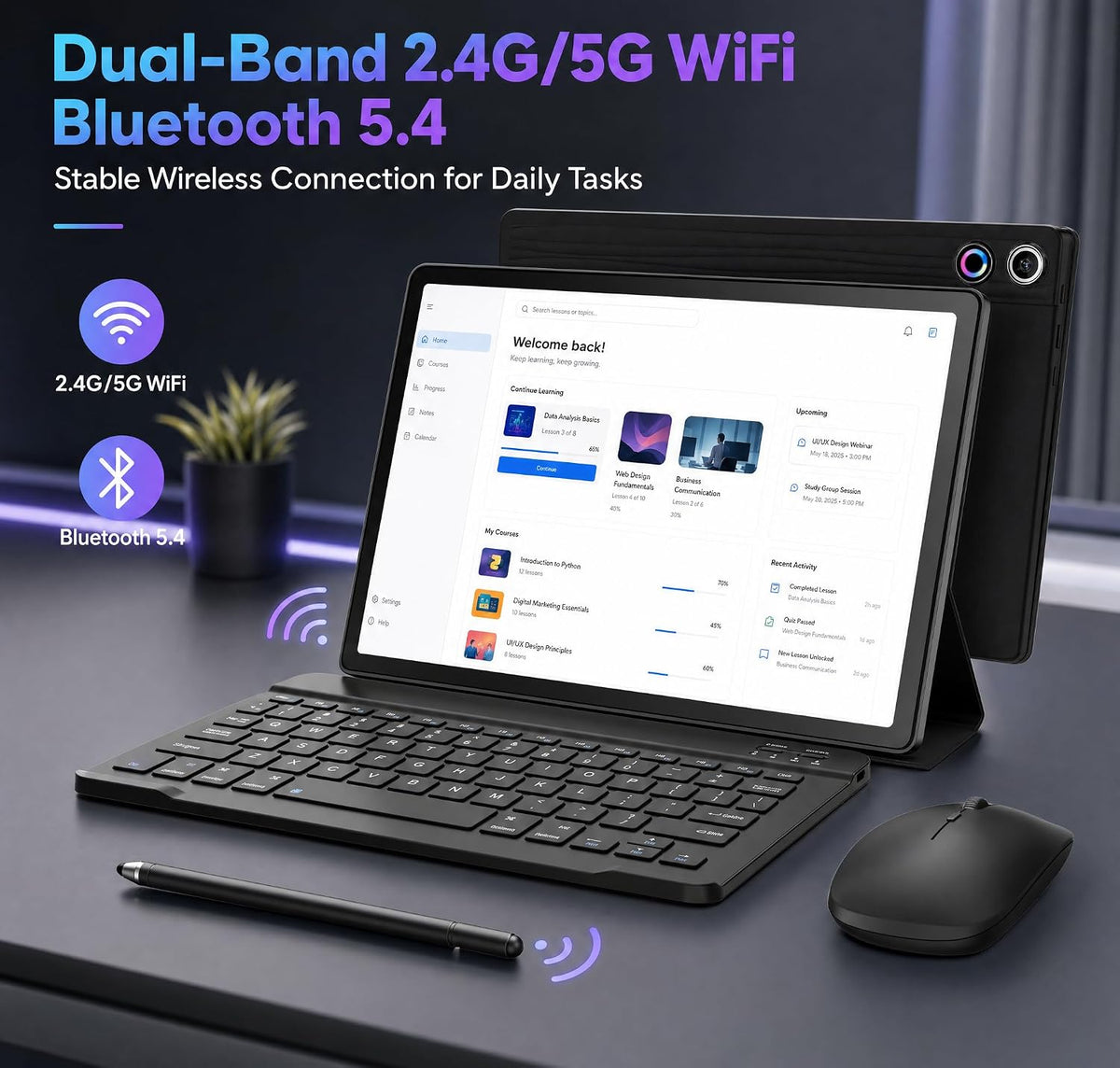 Jeazans Android 16 Tablet 10.1 Inch, 2-in-1 Tablet Bundle with Keyboard, Wireless Mouse, Stylus, Leather Case, Dual Camera, 64GB Storage+4TB Expansion, Portable Laptop for Students & Business