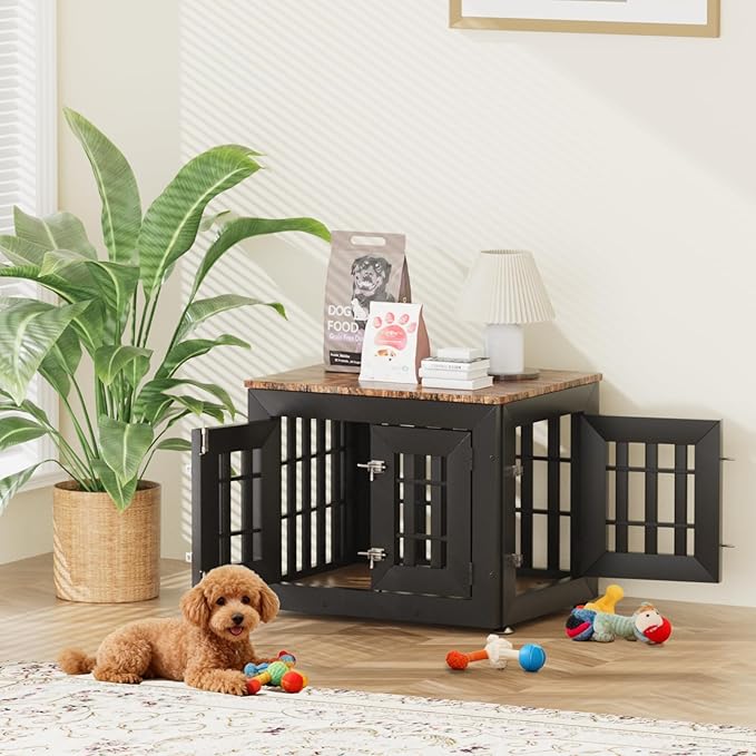 26" Heavy Duty Dog Crate Furniture for Small,Medium and Large Dogs,Rustic Wooden Dog Cage Kennel Indoor Furniture with Waterproof Top,Decorative Pet House Side End Table (Black & Wood)