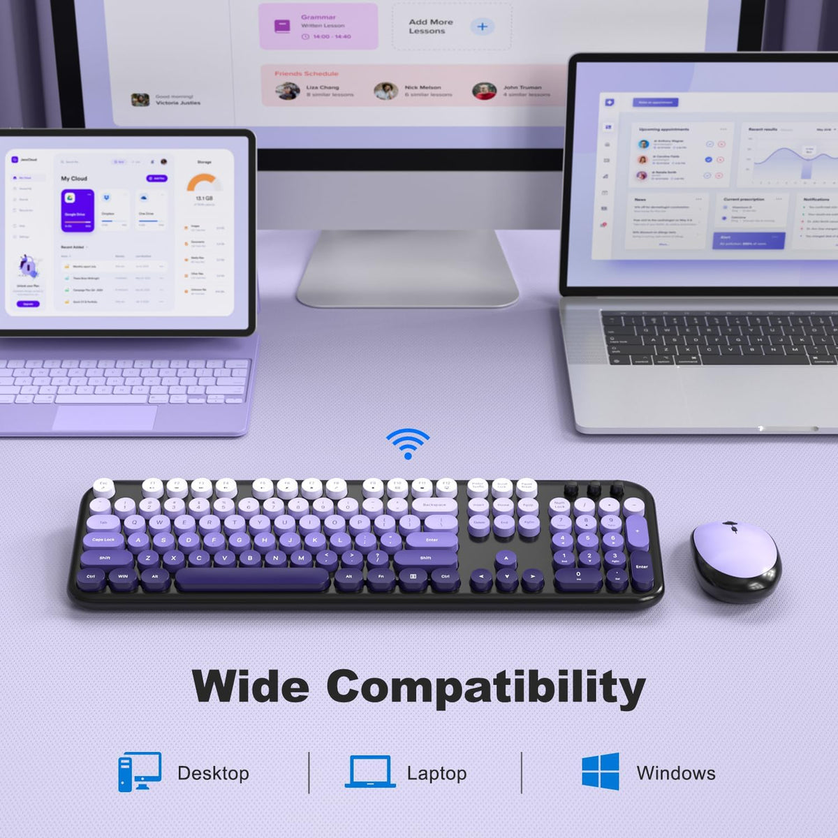 Atelus Wireless Keyboard and Mouse, Typewriter Full Size Keyboard with Number Pad and 2 in 1 USB Connected Mouse for Windows 7/8/10, Laptop, Desktop, PC, Computer (Black Purple)