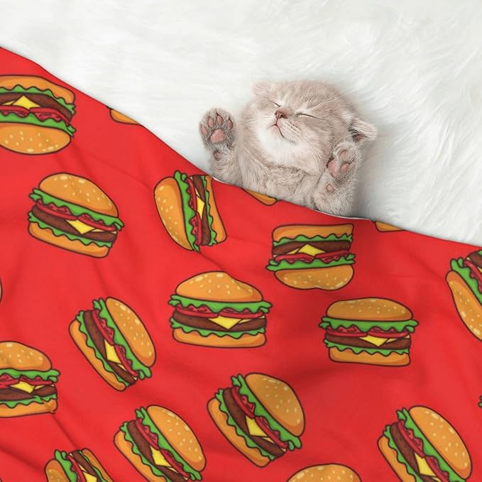 Pet Blanket for Car Rides Vet Visits, Burger Hamburger Pattern Red, Two Sided Reversible Plush Design with Bumpy Dot Side Offers Comfort Home Piece On Go Travel