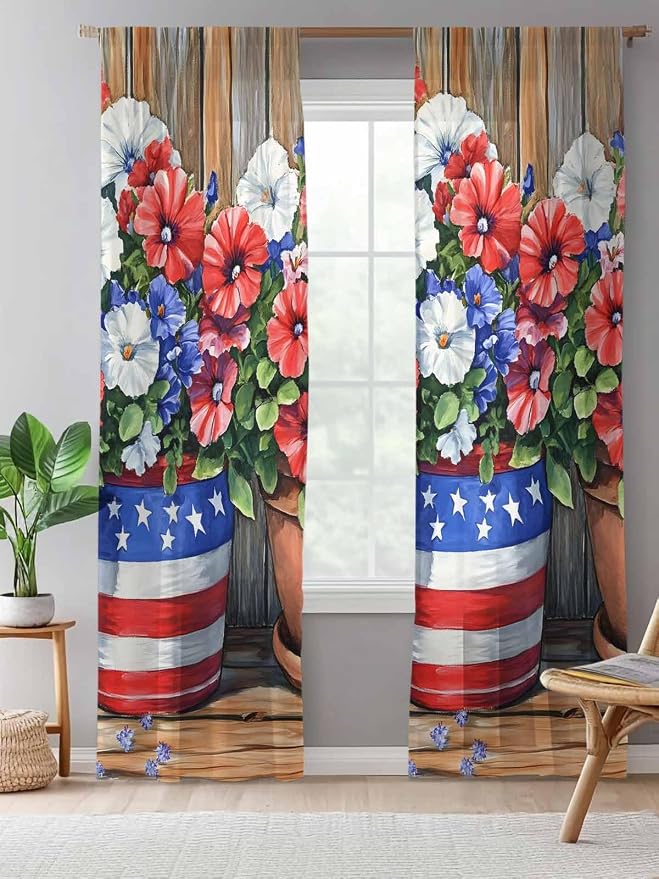 Sheer Curtains 108 Inches Long, Retro Independence Day Flag Wood Grain Privacy