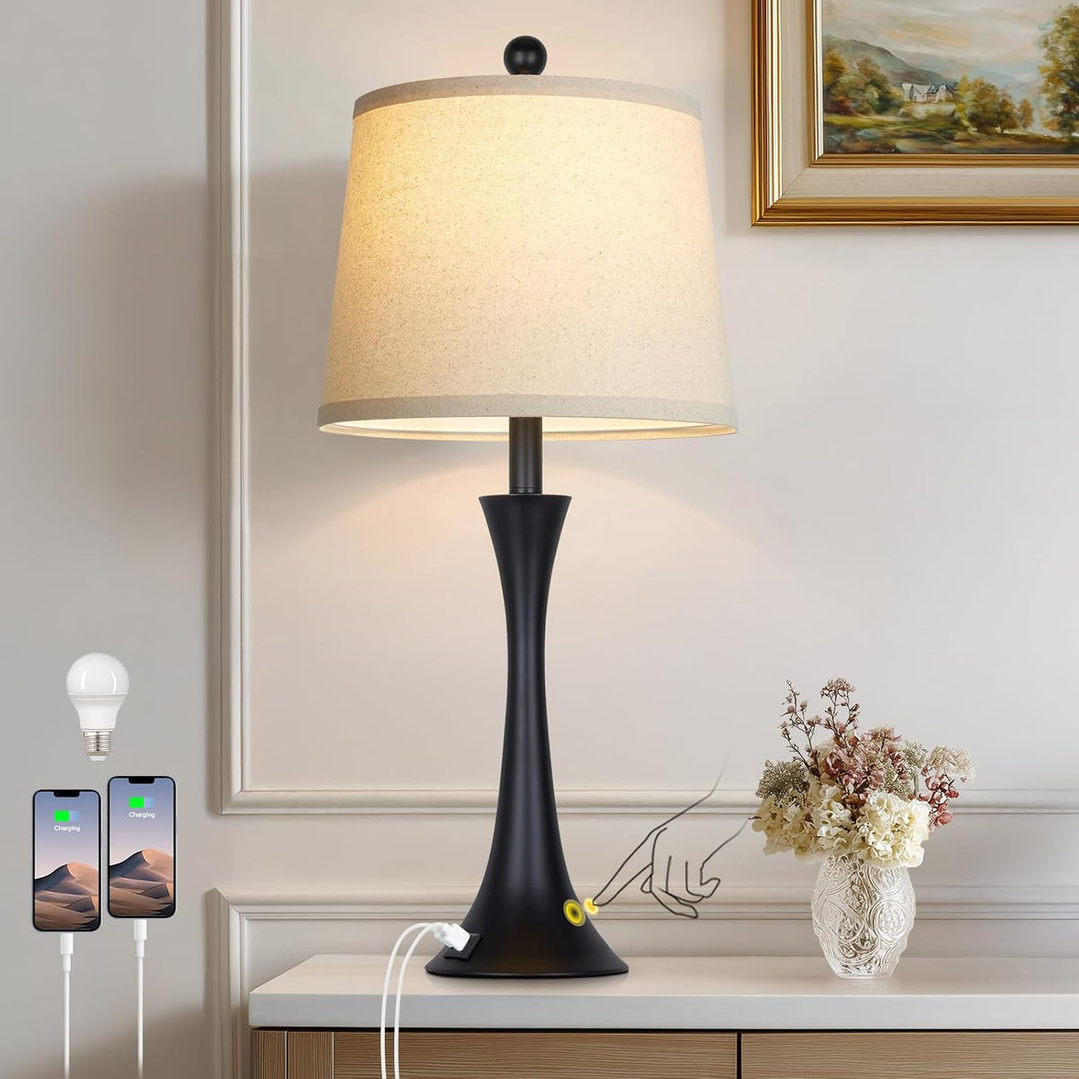 27.5" Black table Lamps for Living Room, Touch Control 3-Way Dimmable Bedside Nightstand Lamps Bedroom Lamp,Modern Black Table Lamp with USB A+C Ports,Tall Lamps for Living Room End Table（1Pack）