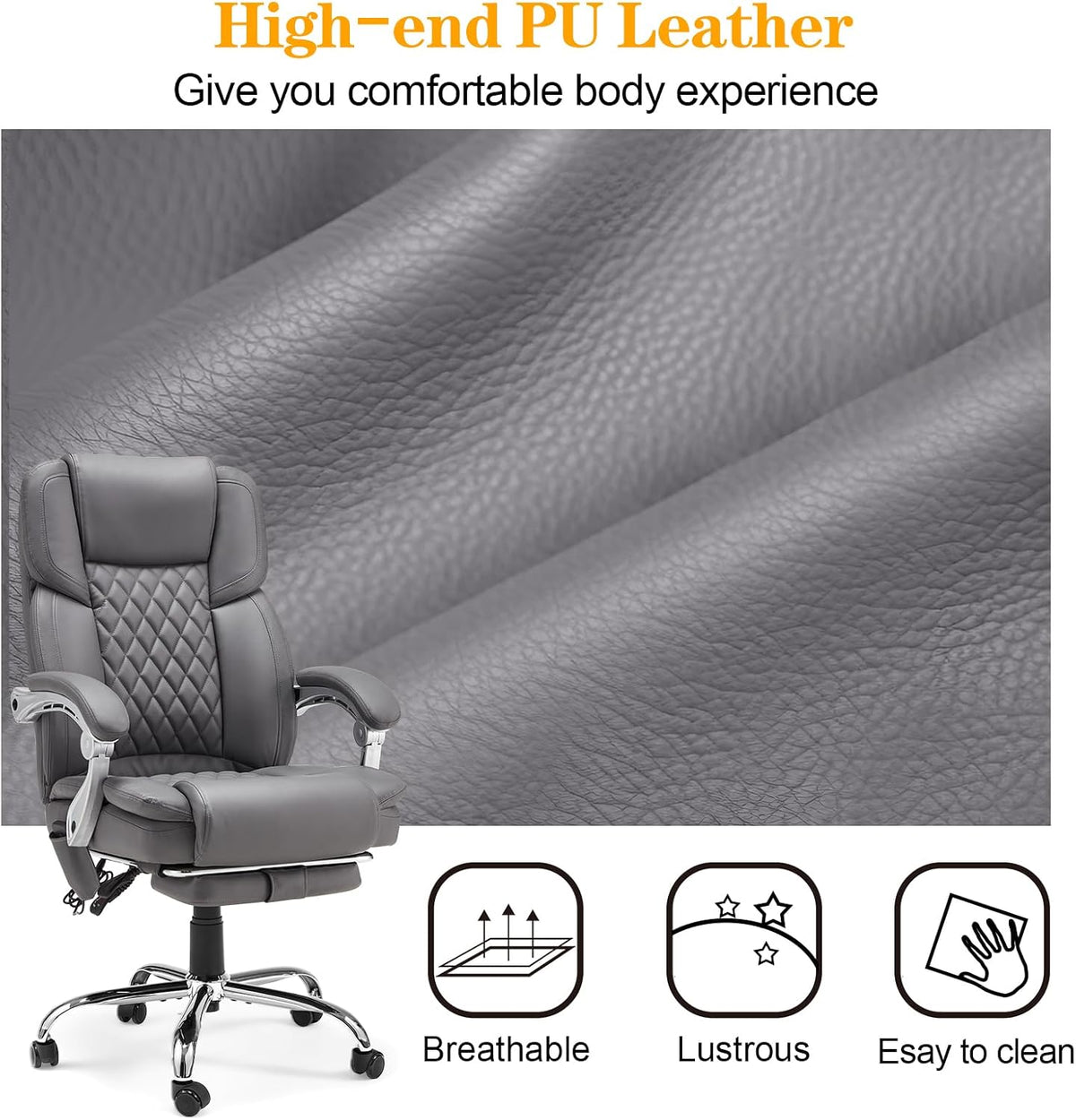 HOMREST Heated Massage Executive Office Chair with Footrest, Grey
