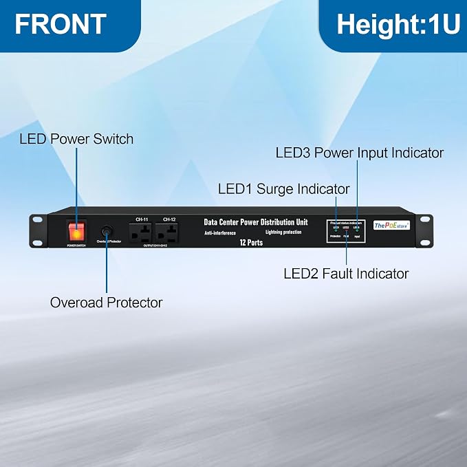 1U PDU Network Servers Surge Protector Power Distribution Unit 12-Outlet