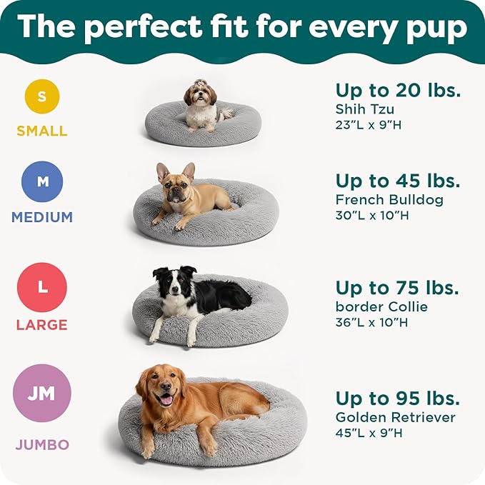 Furhaven 45" Round Calming Donut Dog Bed for Large Dogs, Refillable w/ Removable Washable Cover, For Dogs Up to 90 lbs - Shaggy Plush Long Faux Fur Donut Bed - Taupe, Jumbo/XL