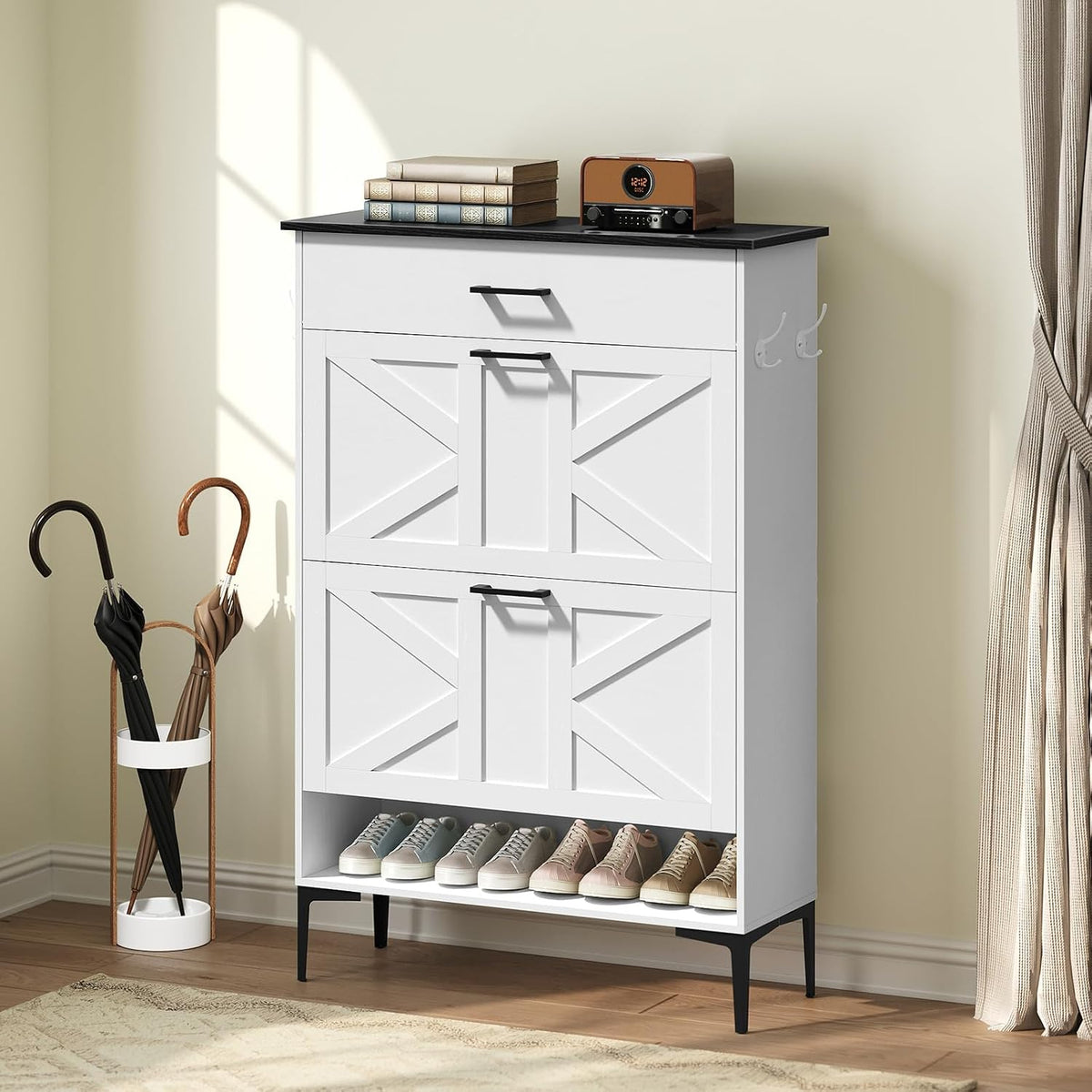 MAHANCRIS Shoe Cabinet with 2 Flip Drawers, Farmhouse Shoe Storage Cabinet for Entryway, Freestanding Narrow Shoe Organizer Cabinet with Adjustable Shelves for Entrance, Black and White SHBB20201