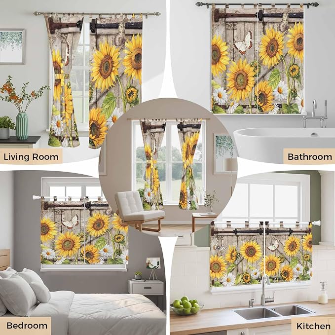 Farmhouse Sunflowers Kitchen Curtains 45 Inch Length, Short Cafe Window