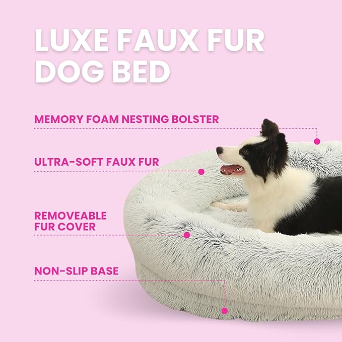 Glow Pups Calming Dog Bed, Memory Foam Bolster, Luxurious Faux Fur, Cozy Oval Design, Machine Washable Cover, Light Grey (41.3 x 29.5 x 9.8)