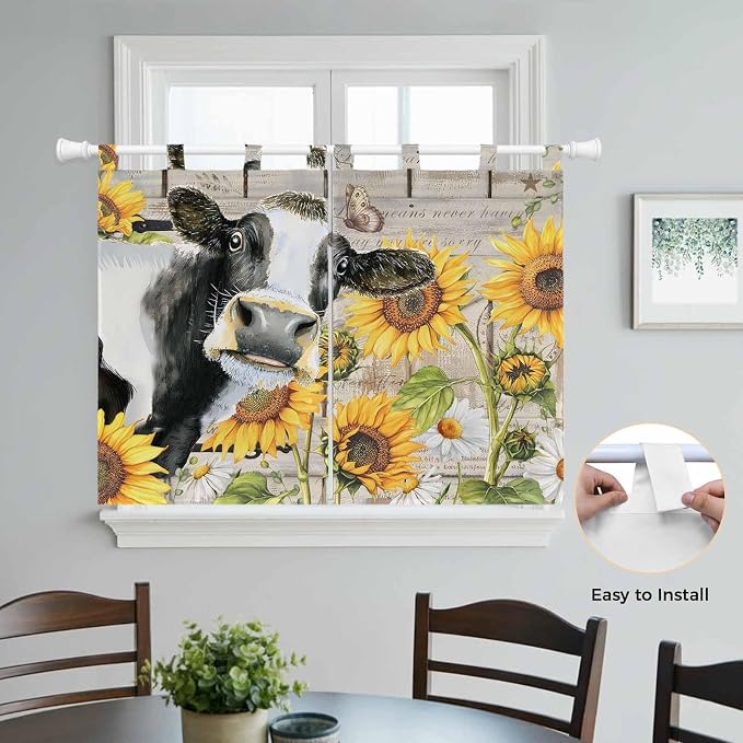 Yellow Sunflowers Kitchen Curtains 45 Inch Length, Short Cafe Window Curtains