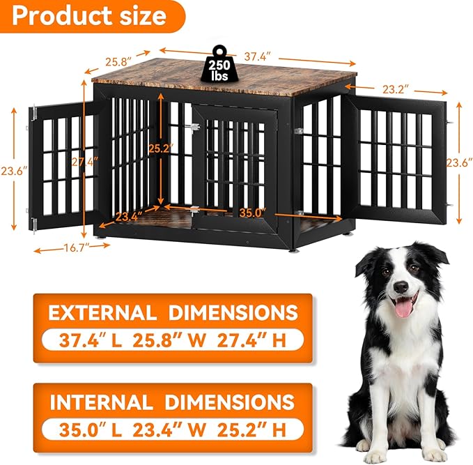 38" Heavy Duty Dog Crate Furniture for Small,Medium and Large Dogs,Rustic Wooden Dog Cage Kennel Indoor Furniture with Waterproof Top,Decorative Pet House Side End Table (Black & Wood)