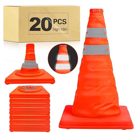 [20 Pack]18 Inch Collapsible Traffic Safety Cones - Parking Cones with Reflective Collars, Orange Safety Cones for Parking lot, Driveway, Driving Training etc