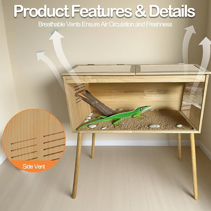 Bearded Dragon Tank Enclosure with 24 Inch Legs Reptile Terrarium, Up to 70 Gallon with Roof Door Snake Lizard Tank with Built-in Lamp Fixture and Switch